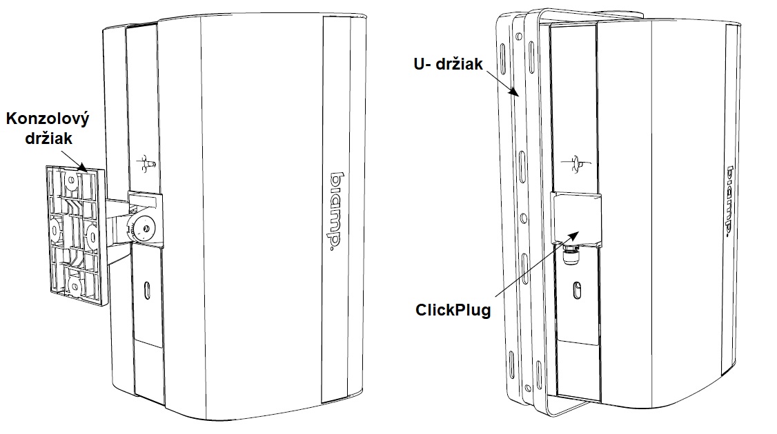 konzolový a Učkový držiak reproduktora EX-S8 Biamp umožňuje inštaláciu reproduktora na stenu v zvyslej aj vodorovnej polohe